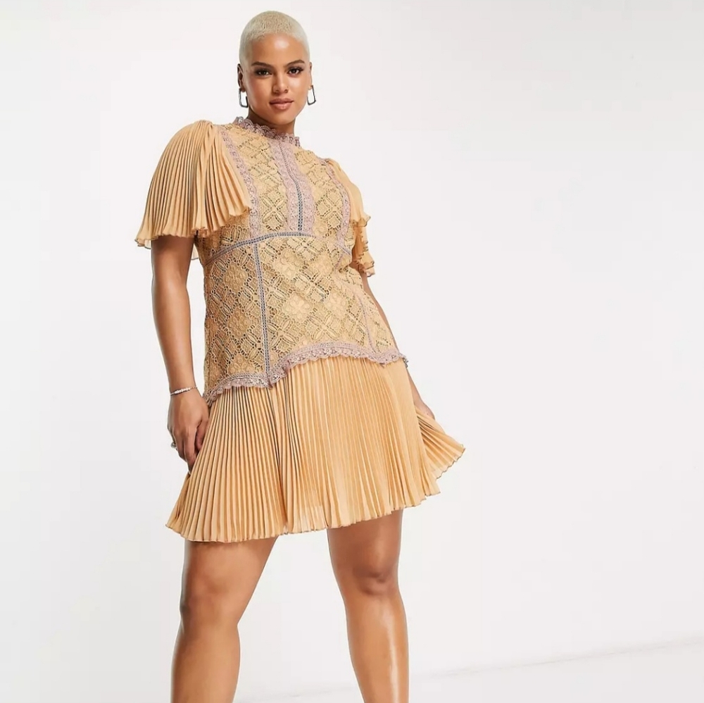 ASOS DESIGN Curve Mini Dress with Contrast Lace Trim and Pleated Cape Sleeve